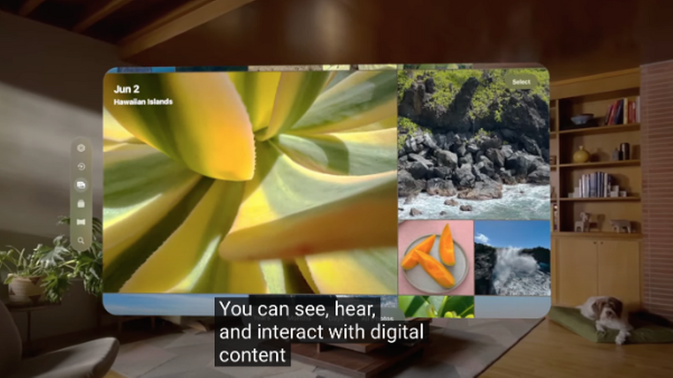 Vision Pro giver mulighed for, at man kan skifte mellem ren (immersed) VR-oplevelse og et digitalt lag (AR), der lægges over den fysiske virkelighed. En ny version af mixed reality. Kilde: Apple PR.