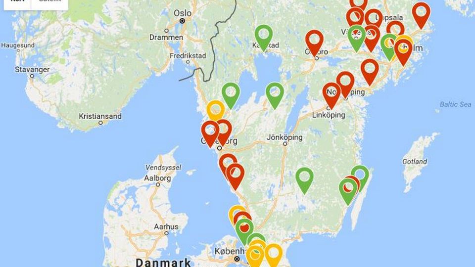 Kortet viser, hvor i Sverige der enten er åbnet Bovieran-boliger, ved at blive opført nogle eller der er nogle under planlægning. Grøn: Nuværende byggerier. Gul: Kommende byggerier. Rød: Færdigbyggede boliger.
