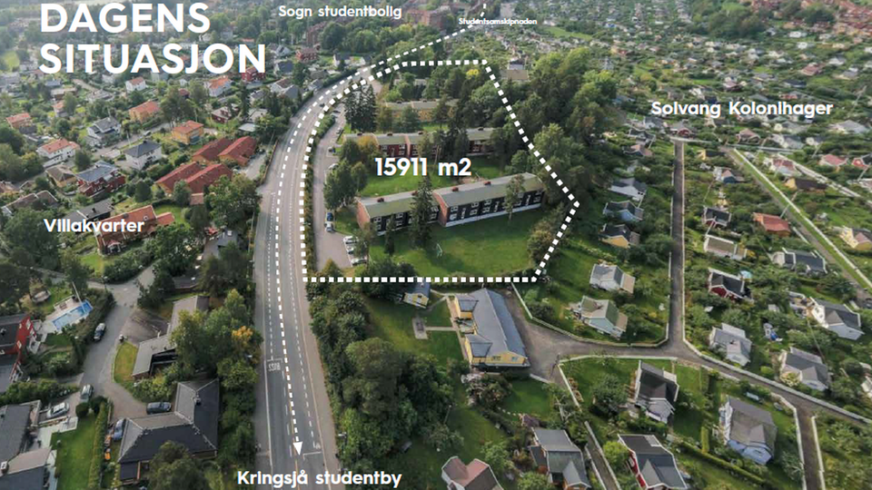 NÅ: Her er den nåværende bebyggelsen avbildet og eiendommen som nå skal få nye studentboliger i stedet er innfelt med stiplet linje. | Foto: A-lab