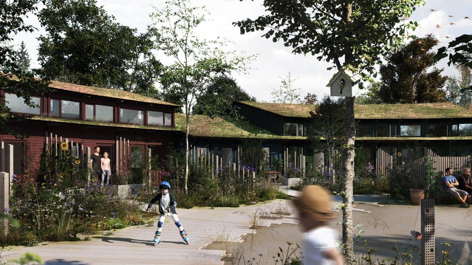 Det er idéen, at materialerne i byggeriet skal spille sammen med den eksisterende skov som senere bliver ført videre ind igennem bebyggelsen som en grøn korridor. | Foto: Peter Kjær Arkitekter