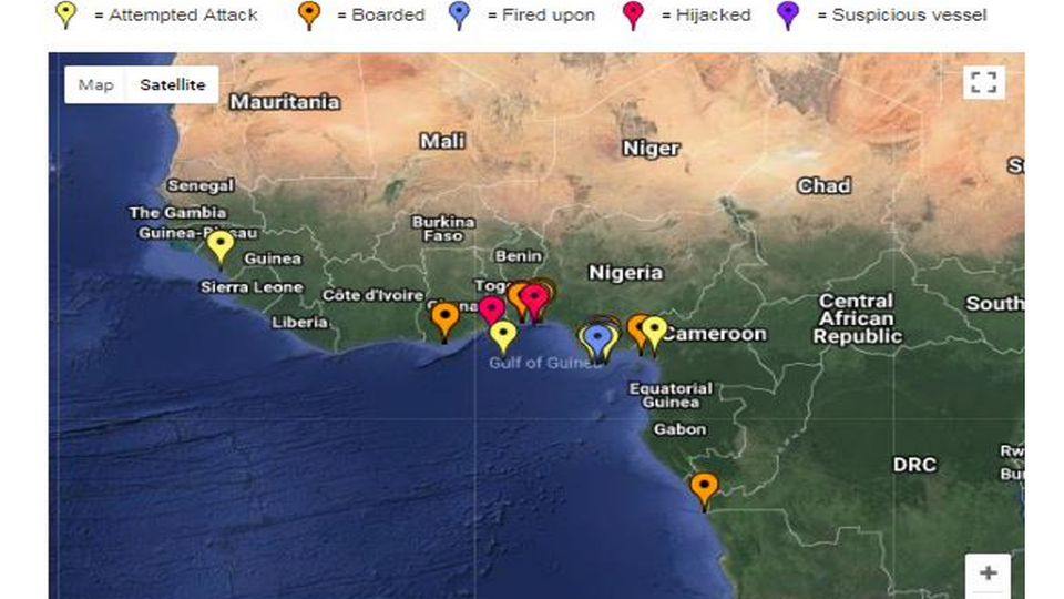 Oversigt over Vestafrika og hændelserne i Guinea-bugten ifølge IMB. Kilde: IMB Piracy Report | Foto: Kilde: IMB Piracy Rapport