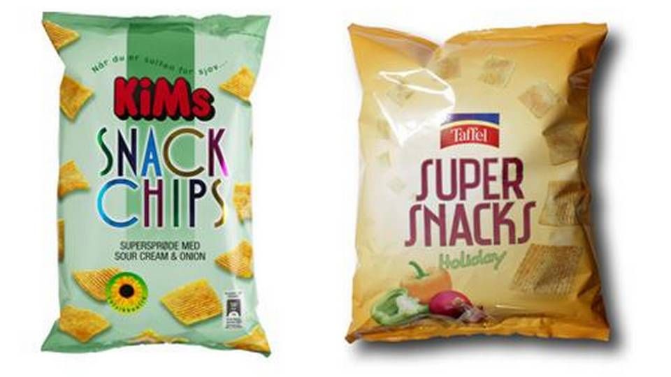 Kims introducerede de firkantede Snack Chips (tv.) på det danske marked i 1987. Taffel introducerede sine Super Snacks (th.) i januar i to smagsvarianter. | Foto: PR/Kims & Taffel