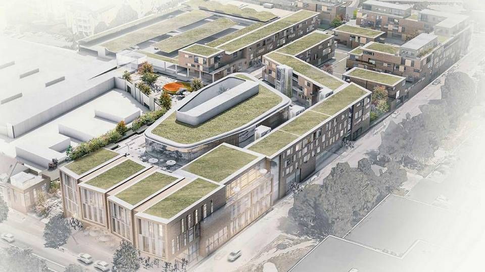 Visualisering af et projektforslag om et shoppingcenter med boliger på taget i byen Husum i Storkøbenhavn. | Foto: Norconsult/Skovhus Arkitekter