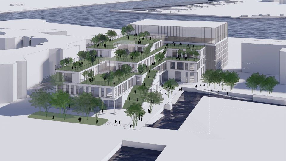 Illustration af den nye skole, der bliver opført i flere niveauer mellem Sjællandsbroen, kanaler, boliger og kontorer. | Foto: PR/JJW Arkitekter.