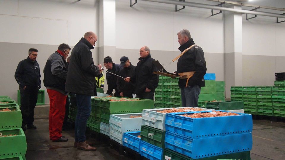 Edvin Jensen (anden th.) svinger auktionstokken på dagens fiskeauktion. | Foto: Maria Oien