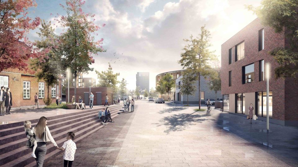 Den kommende plads mellem Kokkedal Station og de nye byhuse. | Foto: PR-visualisering / Rum
