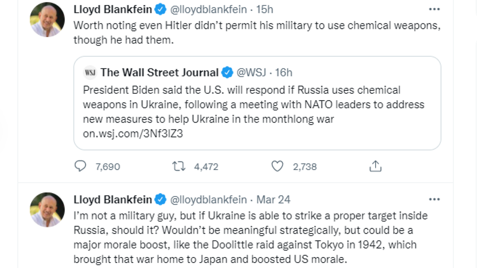 Zwei Tweets von Lloyd Blankfein lösten Kontroverse aus | Foto: Screenshot Twitter vom 25.03.2022