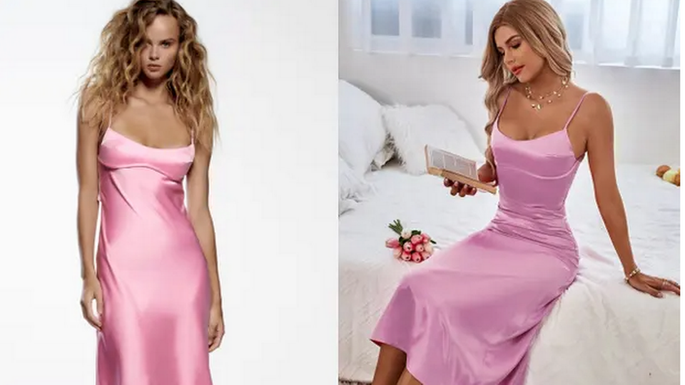 Blandt andet Zara har tidligere anklaget Shein for at stjæle design. På billedet ses Zaras pink satin-kjole til venstre og Sheins tilsvarende til højre. | Foto: Zara/Shein