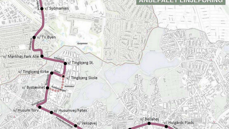 Letbanens potentielle rute på 8,7 km med 16 stop og en transporttid mellem endestationerne på 24 minutter. | Foto: Københavns Kommune.