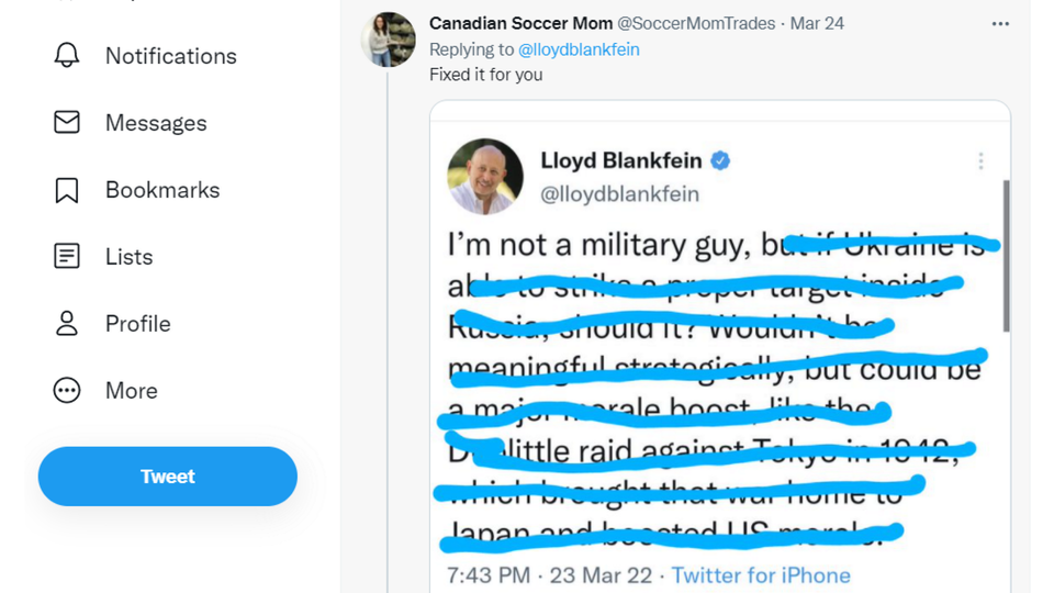 Reaktion einer Nutzerin auf den Tweet von Lloyd Blankfein | Foto: Screenshot Twitter vom 25.03.2022