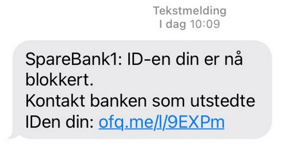 Slik ser SMS-en ut som utgir seg for å være banken, hvor det står at ID-en er blokkert. | Foto: SpareBank 1