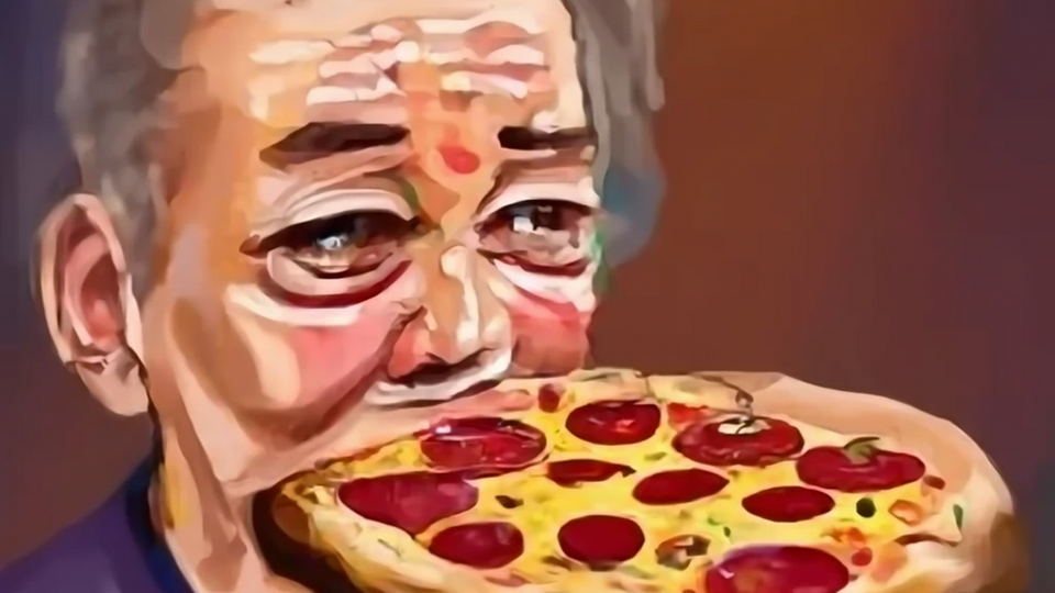 Billede skabt i Craiyon med prompten: ”Drawing of a Pizza eating a man”