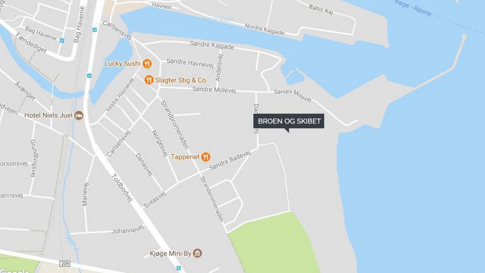Placeringen af projektbyggeriet Køge Kyst Skibet i Køge, som er målrettet borgere over 50 år. | Foto: Google