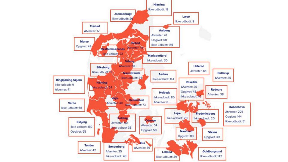 Landkortet viser status for i alt 2737 almene boliger i landet, hvor kommuner har afgivet såkaldt skema-A-tilsagn. | Foto: Kilde: BL - Danmarks Almene Boliger