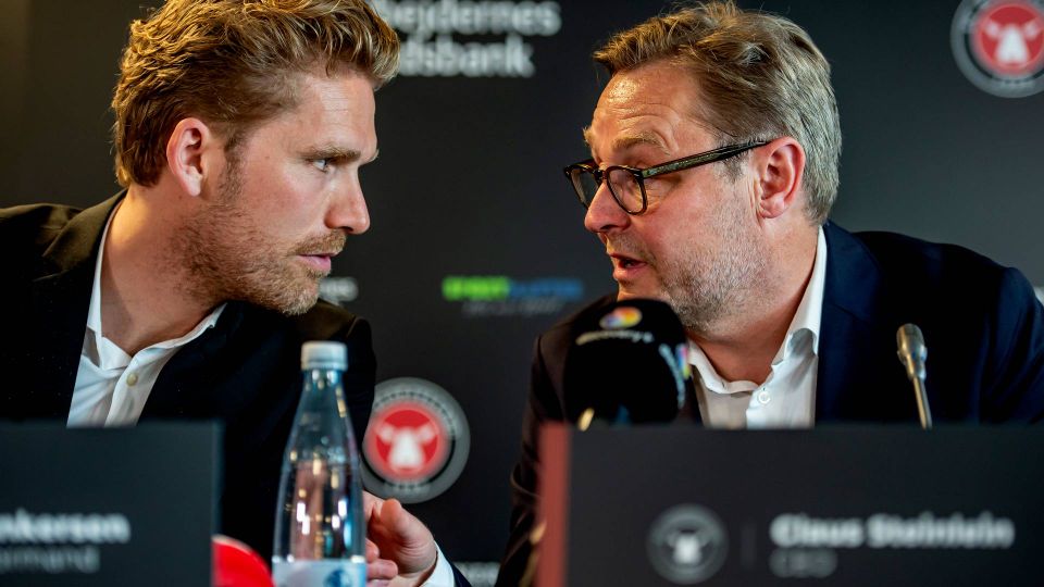 Arkivfoto: Bestyrelsesformand Rasmus Ankersen, FC Midtjylland og CEO Claus Steinlein. Fredag 4. juni 2021. | Foto: René Schütze