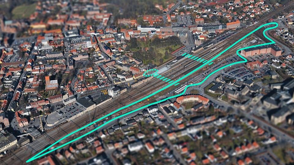 Luftfoto af hvor Ny Østergade-byggeriet skal ligge. | Foto: Roskilde Kommune.