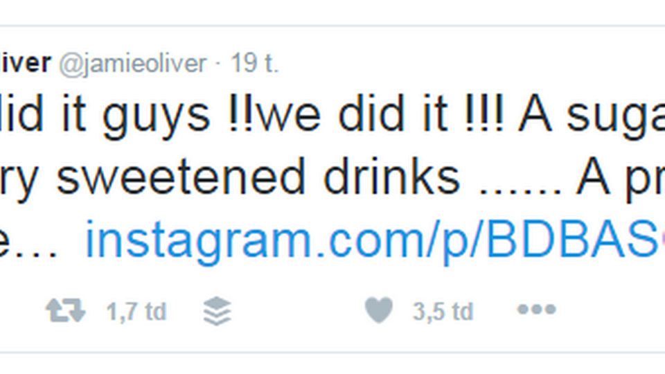 Kendiskokken jamie Oliver er ovenud lykkelig for regeringens nye sukkerskat | Foto: Fra Twitter
