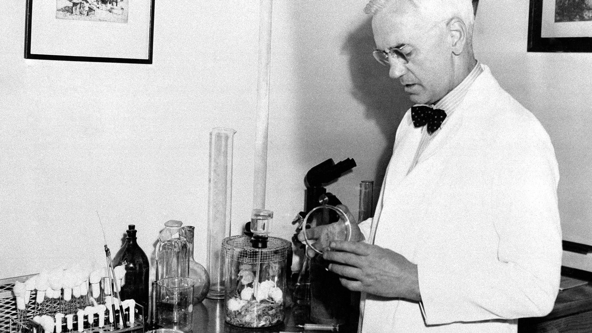 Sir Alexander Fleming, der var den første til at opdage et antibiotikum, penicillin, fotograferet i 1945 på besøg hos medicinalfirmaet E.R. Squibb & Sons, som senere blev en del af Bristol Myers Squibb. Alexander Fleming døde i 1955, 73 år gammel. | Foto: AP / Ritzau Scanpix