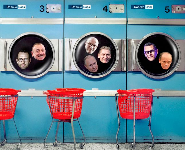 Kunderne i Danske Banks vaskeri tæller diktatoren i Aserbajdsjan, Mehriban Alijeva, familien Putin og den russiske efterretningstjeneste, FSB. Og vaskerimedarbejderne vasker også gerne deres eget undertøj i maskinerne. Billedekilde: Getty, Kremlin.ru, CC BY 4.0 og Scanpix (se øvrig kildeinfo i artiklen) / Manipuleret.