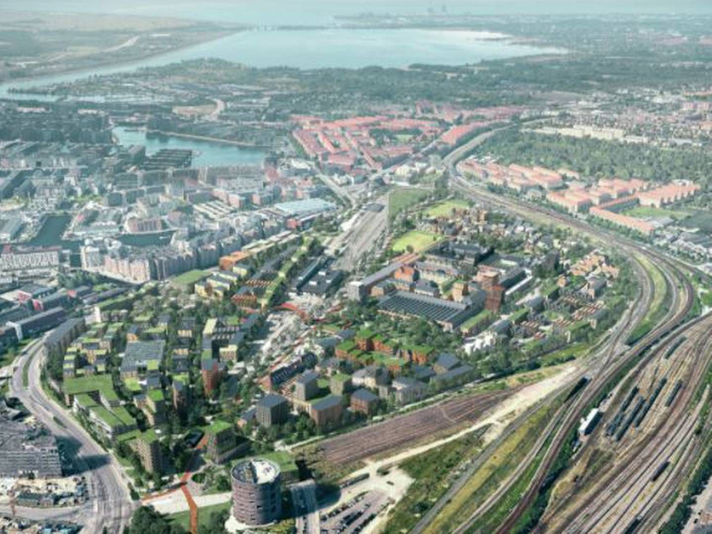 Ejendomsselskabet Nrep ser Jernbanebyen i København som et godt bud på et område med gode muligheder for at blive en af fremtidens byområder, hvor mange vigtige gøremål skal kunne nås inden for 15 minutter uden bil. | Foto: PR-visualisering / Cobe