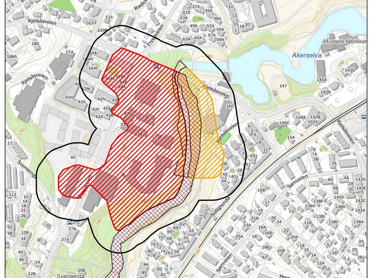 OVERSIKT: Dette kartet viser faresonen på Frysja, med ulike faregrader markert i rødt og gult. Faren for skred er høy og tiltaksforbud er innført for rundt 800 eiendommer. Den svarte stripen er en buffersone på 50 meter som er tatt med for sikkerhets skyld av PBE. | Foto: Plan- og bygningsetaten i Oslo kommune