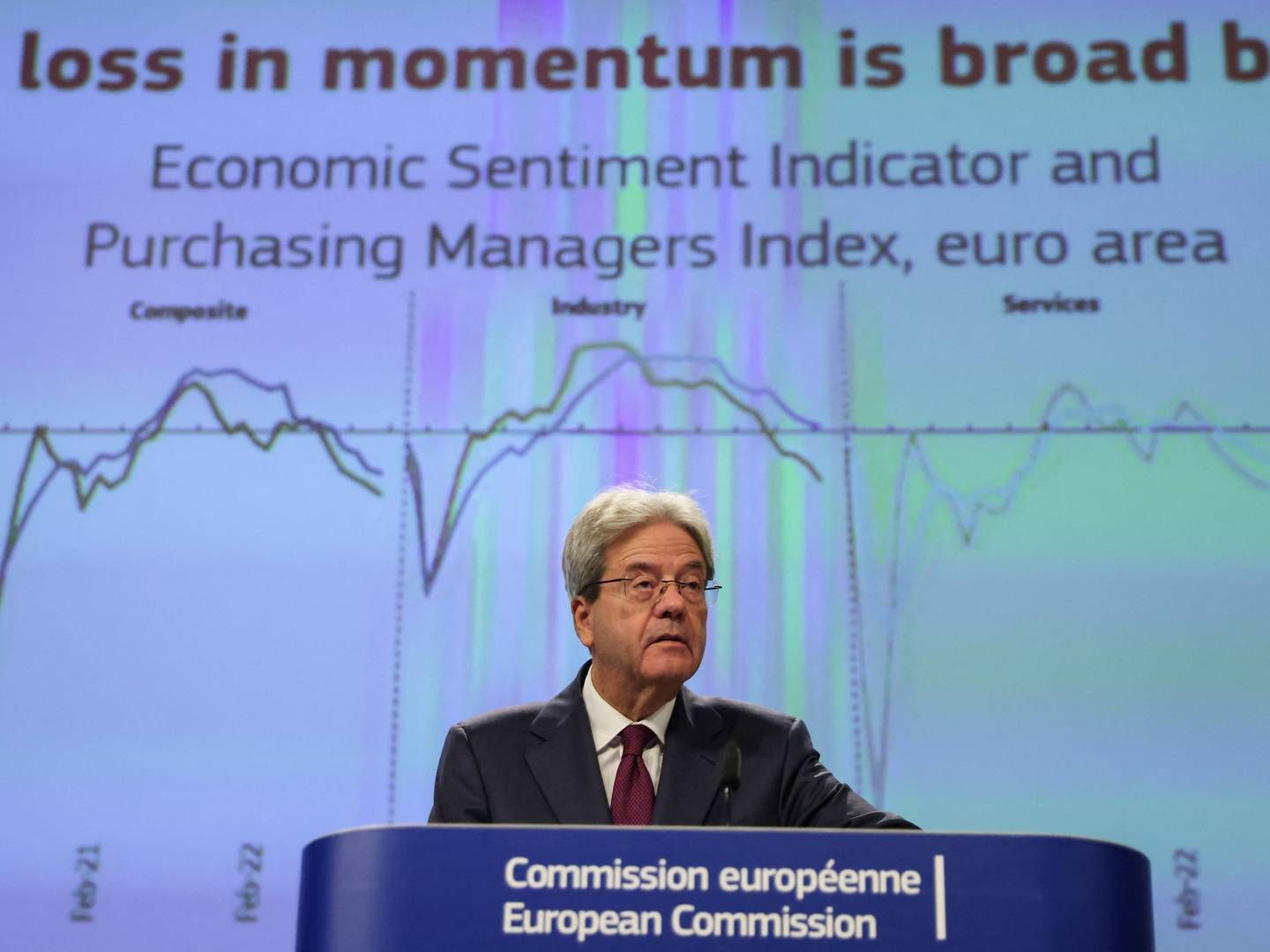 EU's økonomikommissær, Paolo Gentiloni, har fredag præsenteret EU-Kommissionens bud på de økonomiske udsigter for de 27 medlemslande og resten af verdenen. | Foto: JOHANNA GERON/REUTERS / X07006