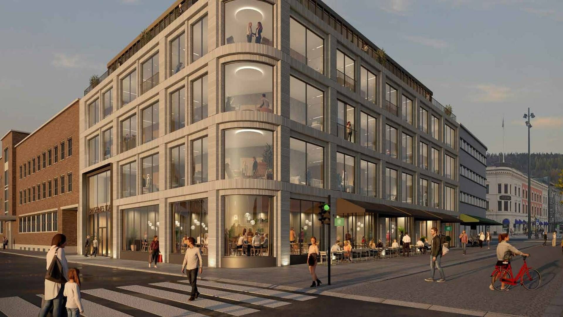 NY FASADE: Hvis Ava Eiendom får det som de vil, vil dette bli den nye fasaden i bygget som ligger nederst på Bragernes Torg mot elva i Drammen..