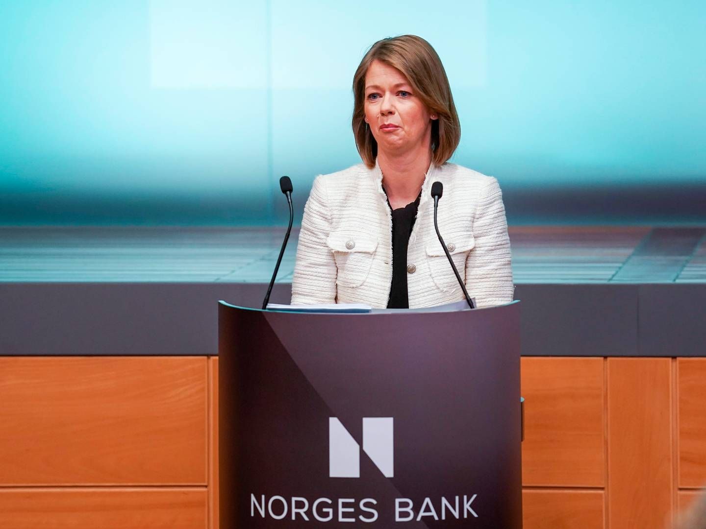 Sentralbanksjef Ida Wolden Bache orienterer om komiteens rentebeslutning. | Foto: Terje Bendiksby / NTB