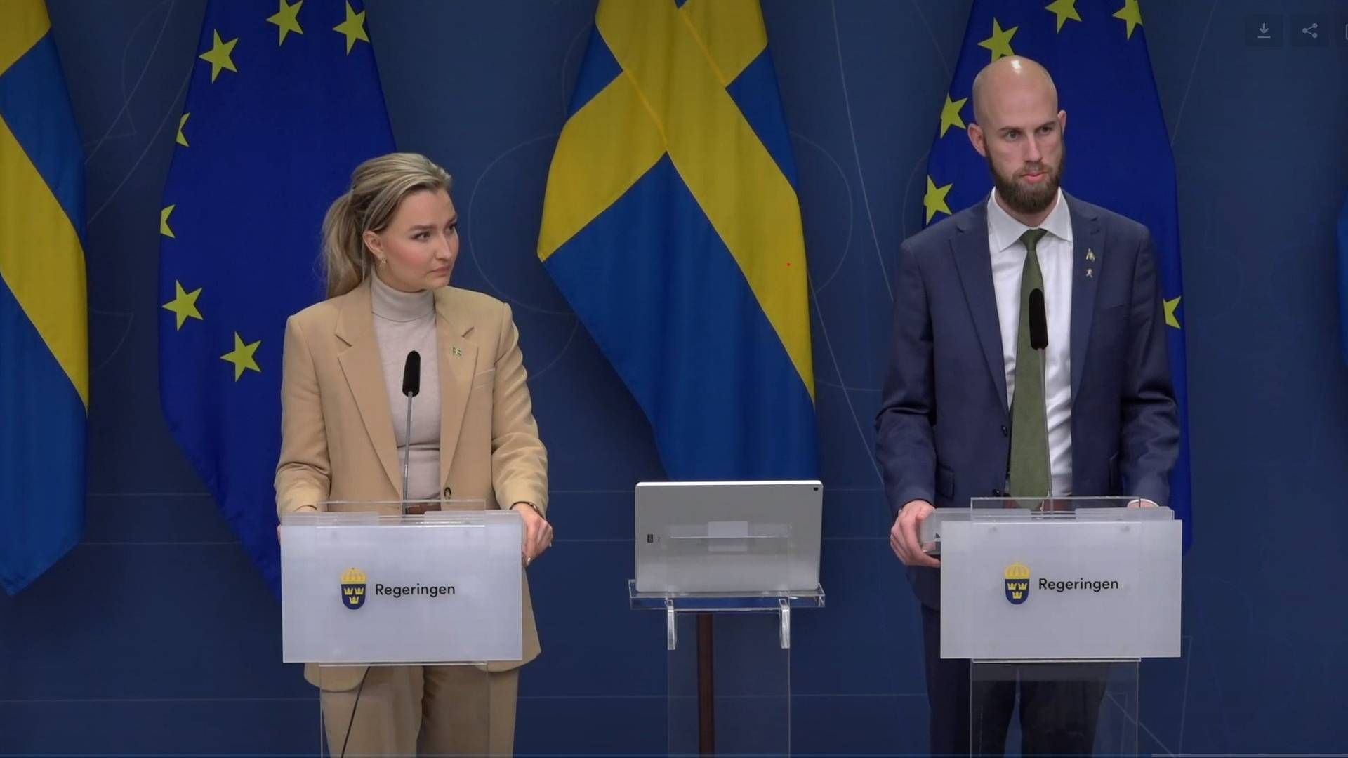 BEKYMRET: Energiminister Ebba Busch og Carl-Oskar Bohlin, minister for sivilt forsvar, holdt pressekonferanse onsdag. | Foto: Regeringen.se/skjermdump
