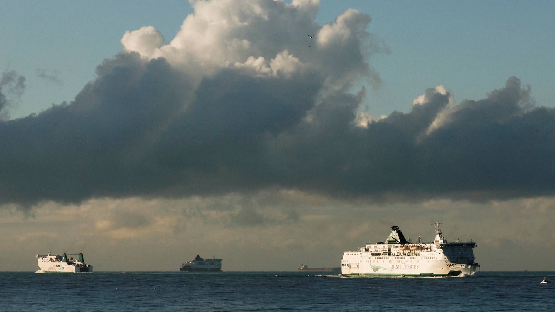 To færger fra Irish Ferries sejler forbi stranden i Calais. | Foto: Pascal Rossignol/Reuters/Ritzau Scanpix