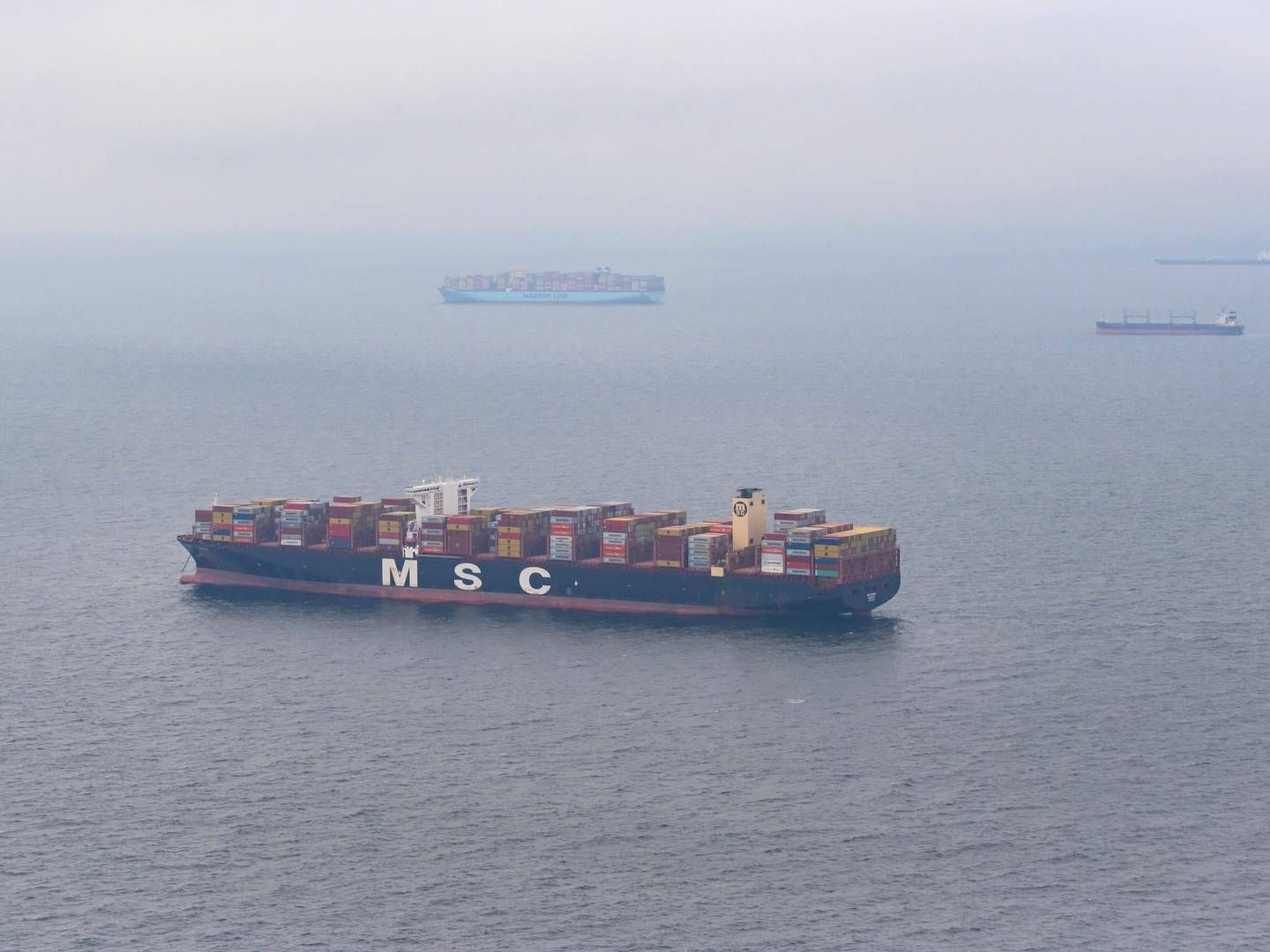 Containerskibe fra MSC og Maersk ligger for anker i den tyske bugt i Nordsøen i juni 2022 og afventer at kunne komme i havn i Hamborg. | Foto: Jonas Walzberg/ap/ritzau Scanpix