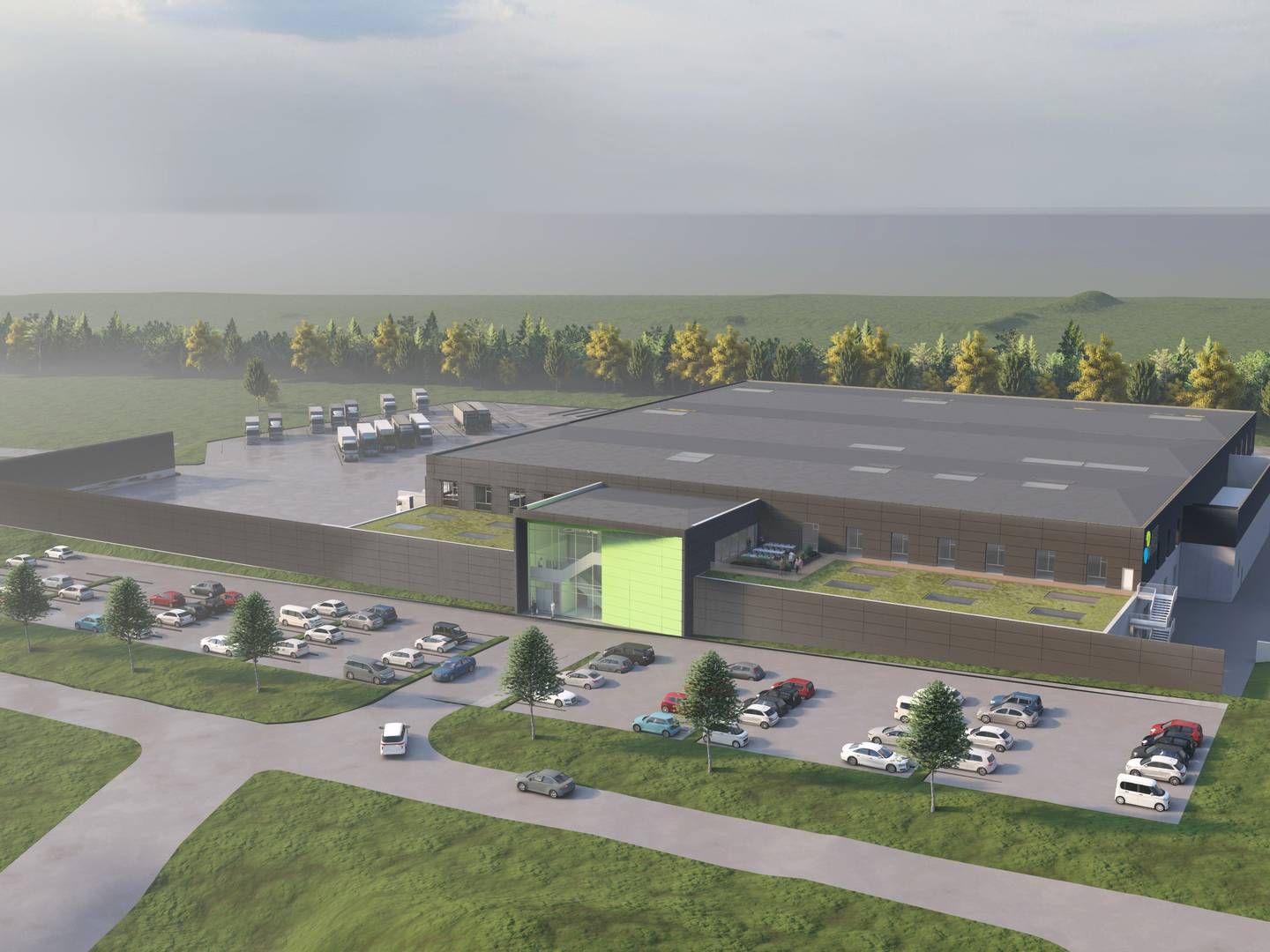 Dansk Retursystem har købt en grund på Bundgårdvej i Fredericia tæt på motorvej og jernbane, hvor der skal bygges en moderne pant-fabrik. | Foto: PR-visualisering: Dansk Retursystem