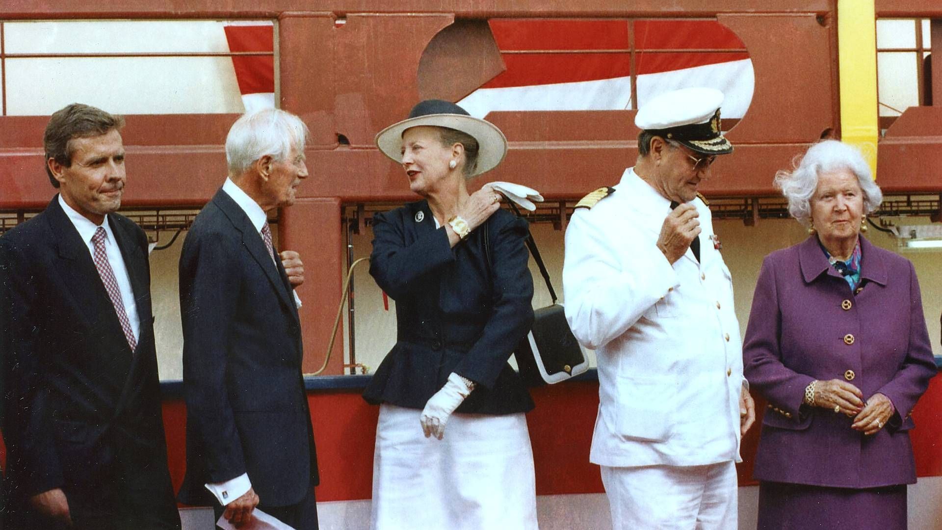 Maersk group head at the time Jess Søderberg, Mærsk Mc-Kinney Møller, the Queen of Denmark, Margrethe II, and Prince Henrik of Denmark in 1997 when the ship was launched. | Photo: Carsten Andreasen/Ritzau Scanpix