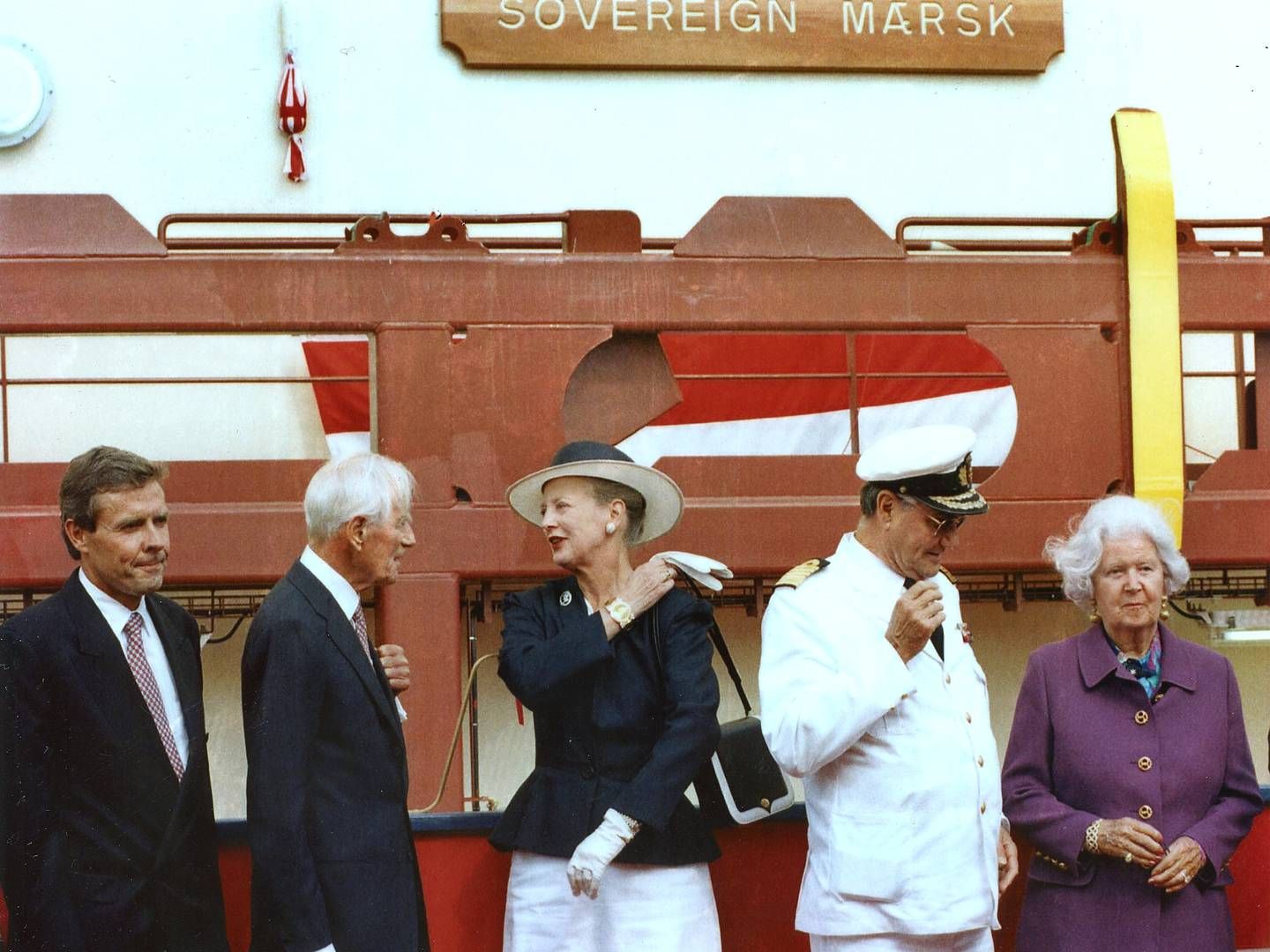 Maersk group head at the time Jess Søderberg, Mærsk Mc-Kinney Møller, the Queen of Denmark, Margrethe II, and Prince Henrik of Denmark in 1997 when the ship was launched. | Photo: Carsten Andreasen/Ritzau Scanpix