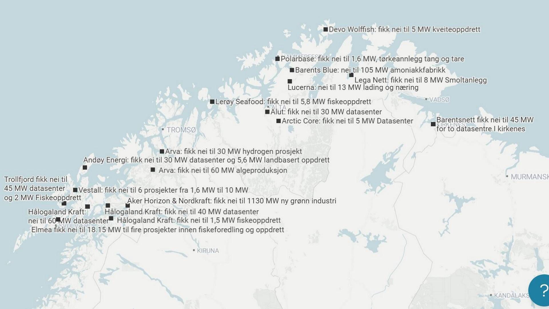 Oversikt over næring som har fått nei til tilknytning fra Statnett. | Foto: EnergiWatch