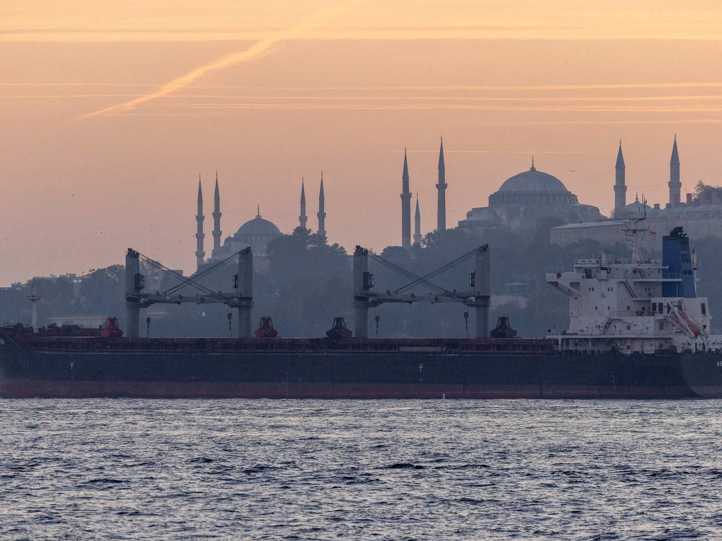 Asl Tia, et tørlastskib der sejler ukrainsk korn sejler forbi Bosporus i Istanbul i Tyrkiet. | Foto: Umit Bektas