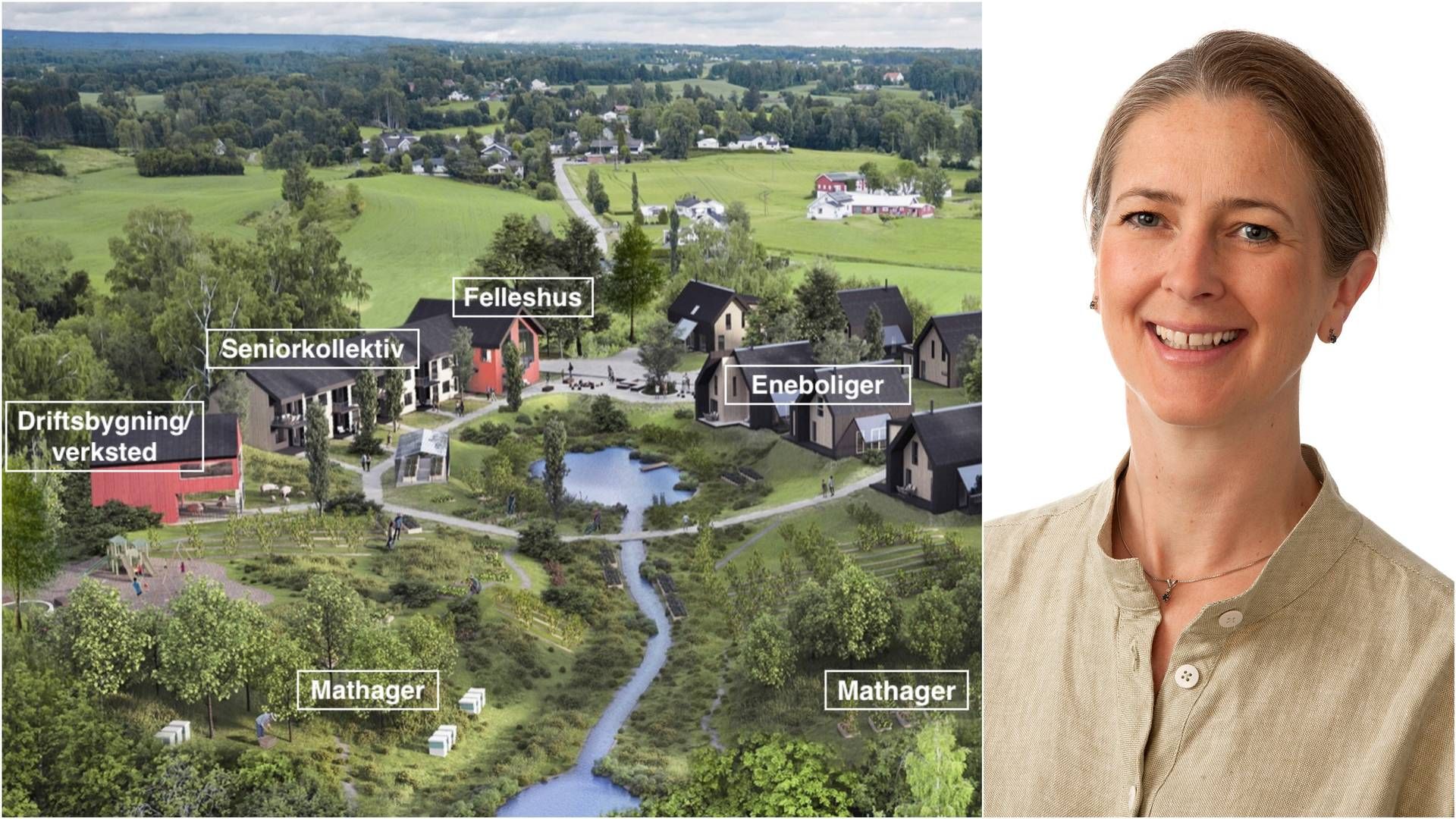 ILLUSTRASJON: Til venstre er en 3D-illustrasjon, som viser hvordan boligene organiseres rundt et tun. Til høyre er Katrine Aalstad, leder for kommunikasjon og samfunnsansvar hos Nordbolig. | Foto: Nordbolig