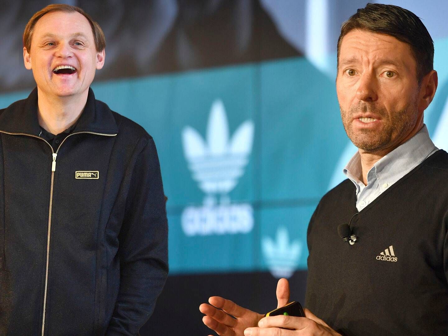 Kasper Rørsted (th) overdrog ved årsskiftet topchefposten i Adidas til norske Bjørn Gulden (tv) | Foto: Frank Hoermann/AP/Ritzau Scanpix