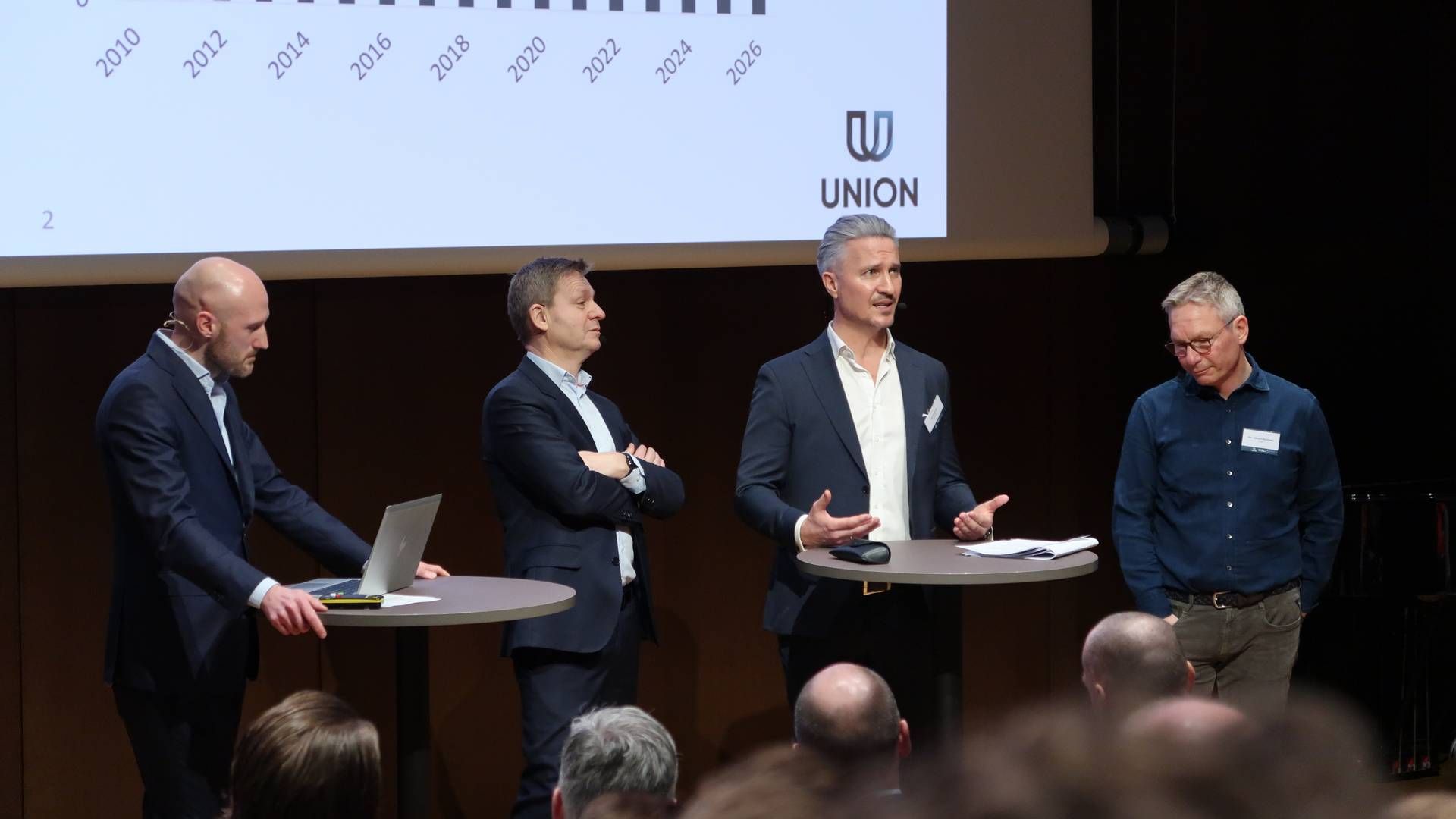 From left: Robert Nystad, head of research at UNION, Pål Ringholm, CIO of PKH, Tom Hestnes, CEO of Norselab, and Per-Håvard Martinsen of Pareto Securities, at Norwegian UNION's recent investor seminar. | Photo: Øystein Byberg