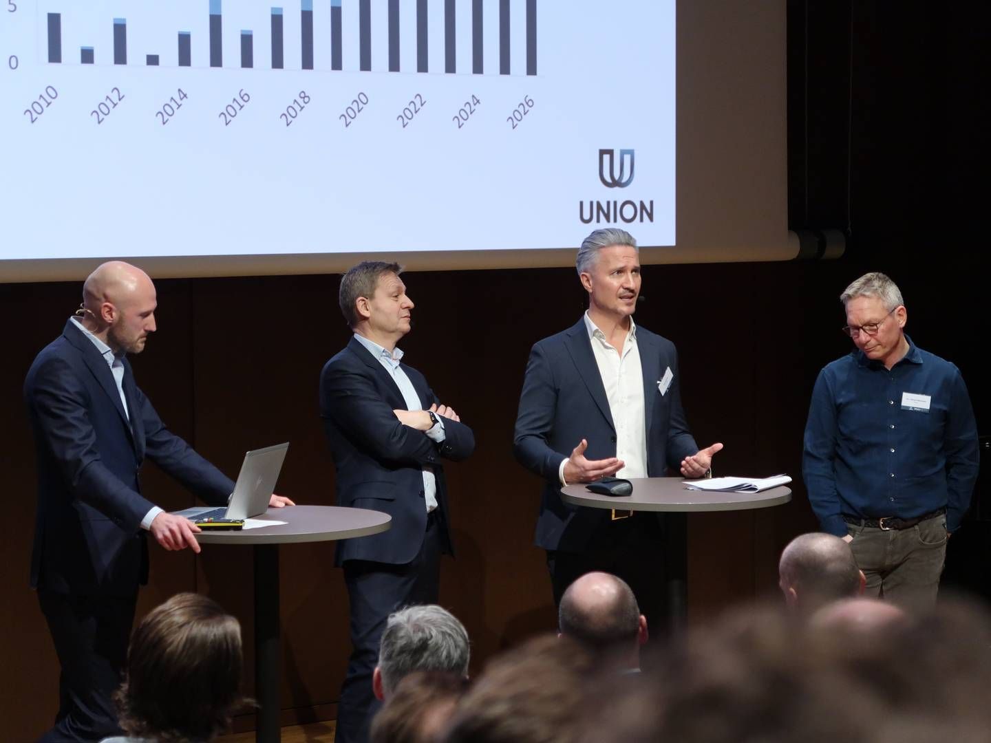 From left: Robert Nystad, head of research at UNION, Pål Ringholm, CIO of PKH, Tom Hestnes, CEO of Norselab, and Per-Håvard Martinsen of Pareto Securities, at Norwegian UNION's recent investor seminar. | Foto: Øystein Byberg