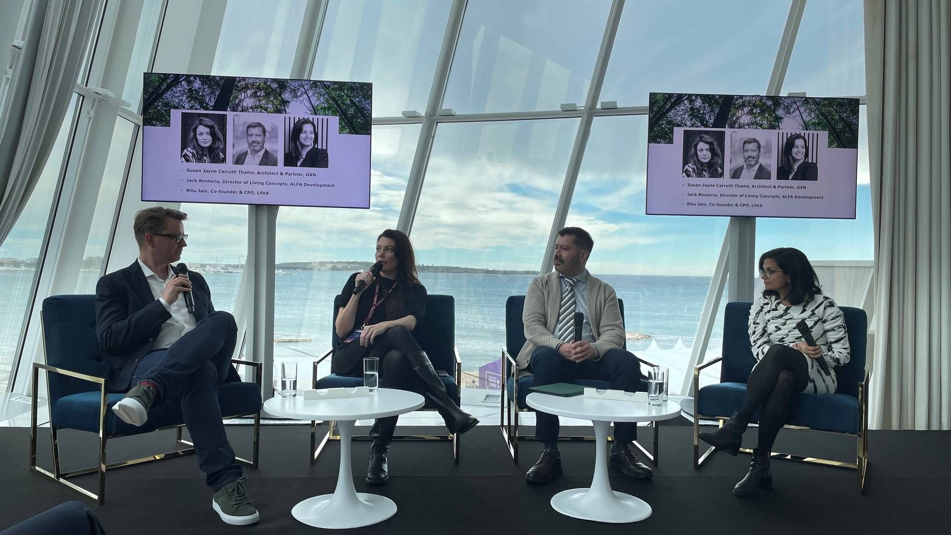 Fra venstre: Michael Ambjørn, Susan Jayne Carruth Thams, Jack Renteria og Ritu Jain, da de tirsdag deltog i oplægget Global Danish Solutions