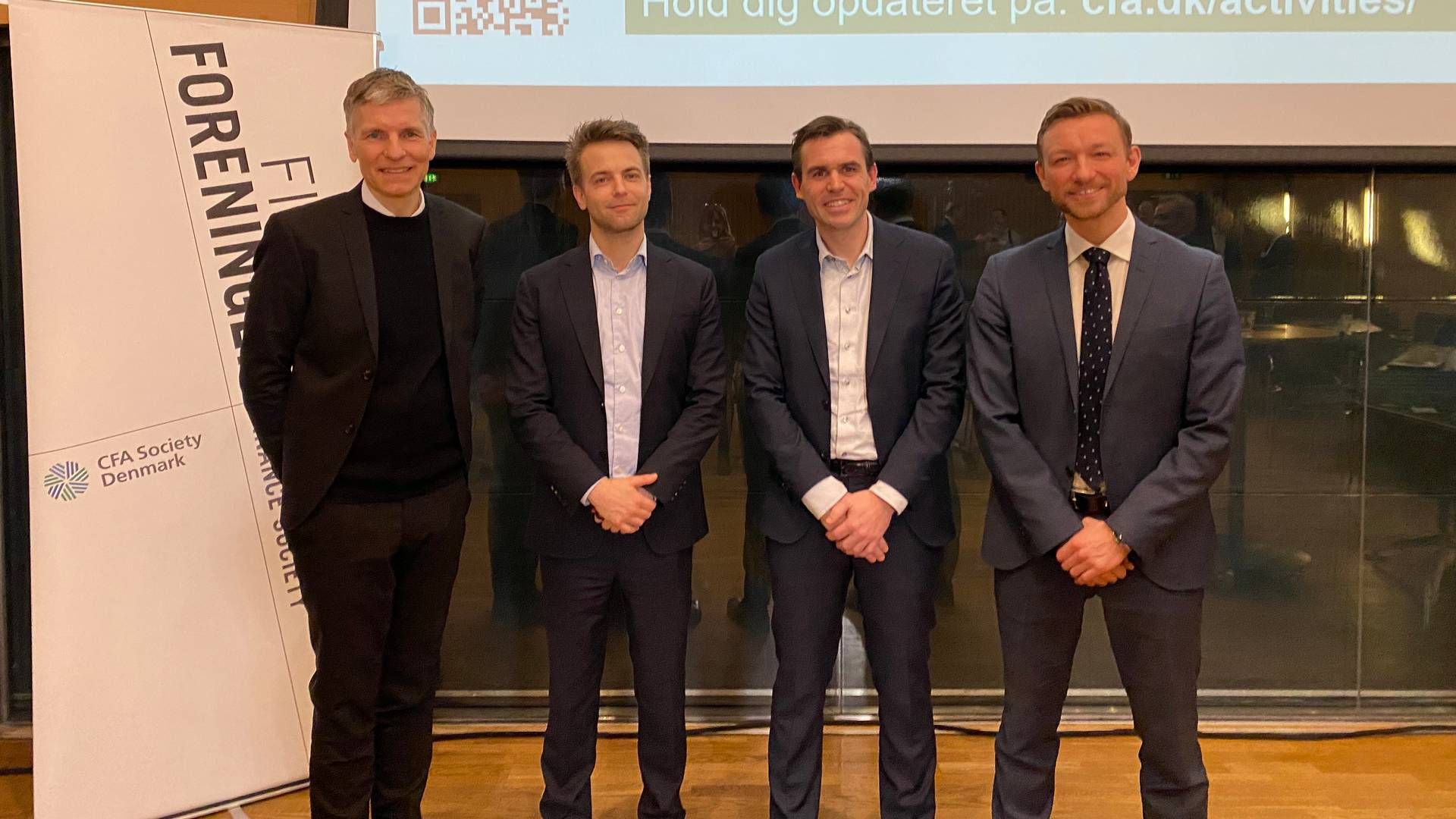 From left: Steffen Mielke, head of fixed income at PensionDanmark and member of the CFA Society. Denmark's Fixed Income Committee hosted the seminar and moderated the debate. Søren Funch Adamsen, head of portfolio construction at Danske Bank Asset Management, Allan Japhetson, head of investment strategy at ATP, and John Hydeskov, deputy CIO at Velliv. | Photo: PR / CFA Society Denmark