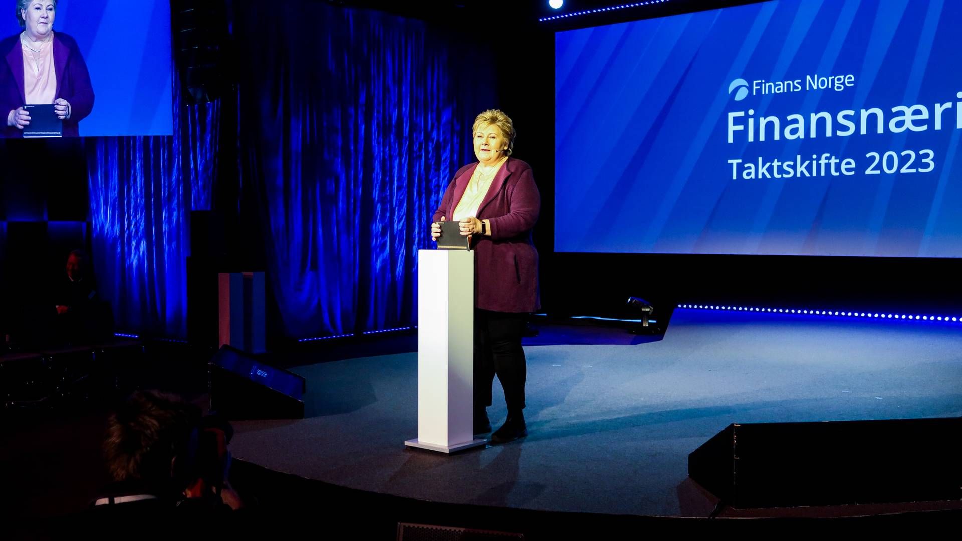 Høyre-leder Erna Solberg snakket om klima, EU og sysselsetting på Finansnæringens dag. | Foto: Synnøve Prytz Berset/FinansWatch