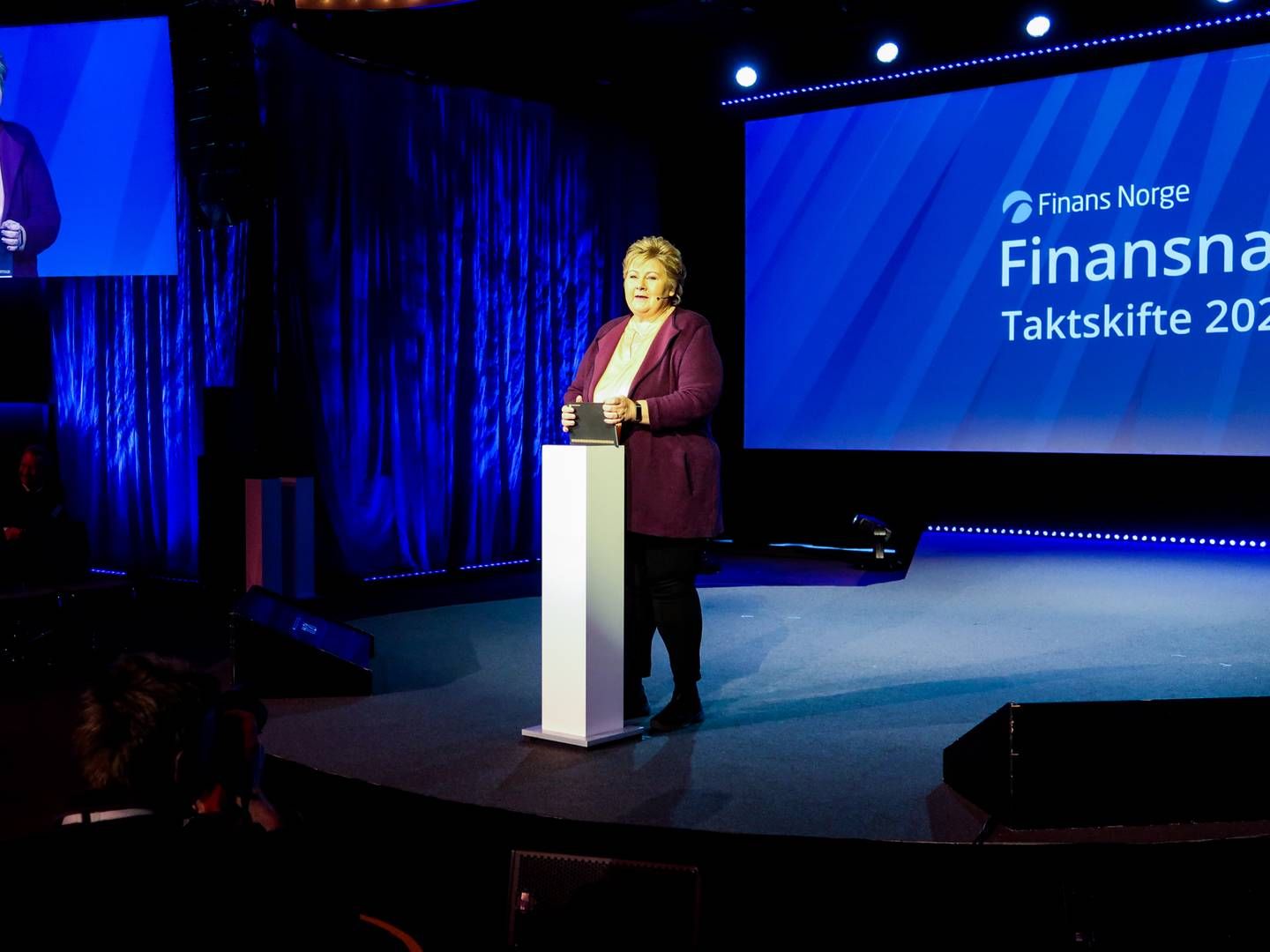 Høyre-leder Erna Solberg snakket om klima, EU og sysselsetting på Finansnæringens dag. | Foto: Synnøve Prytz Berset/FinansWatch