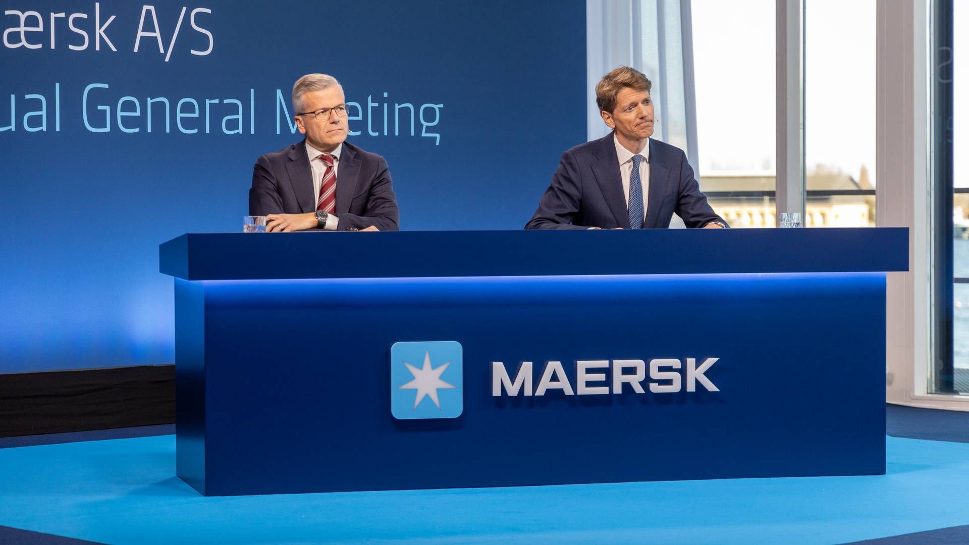 Vincent Clerc (left), CEO of Maersk, and Chairman Robert Mærsk Uggla during Maersk's digital general assembly. | Photo: Pr-foto
