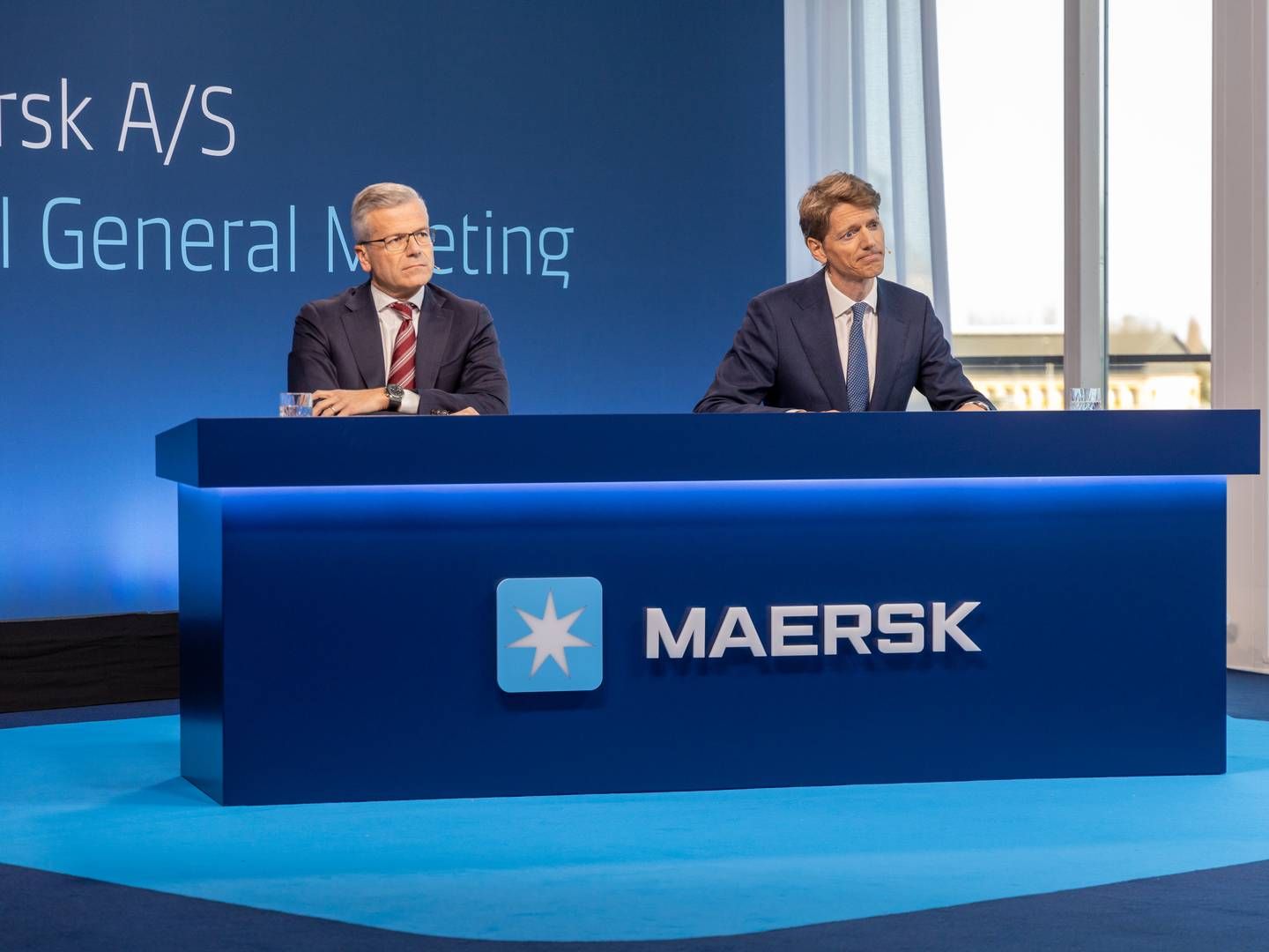 Vincent Clerc (tv.), CEO i Maersk, og bestyrelsesformand Robert Mærsk Uggla under Maersks digitale generalforsamling. | Photo: Pr-foto