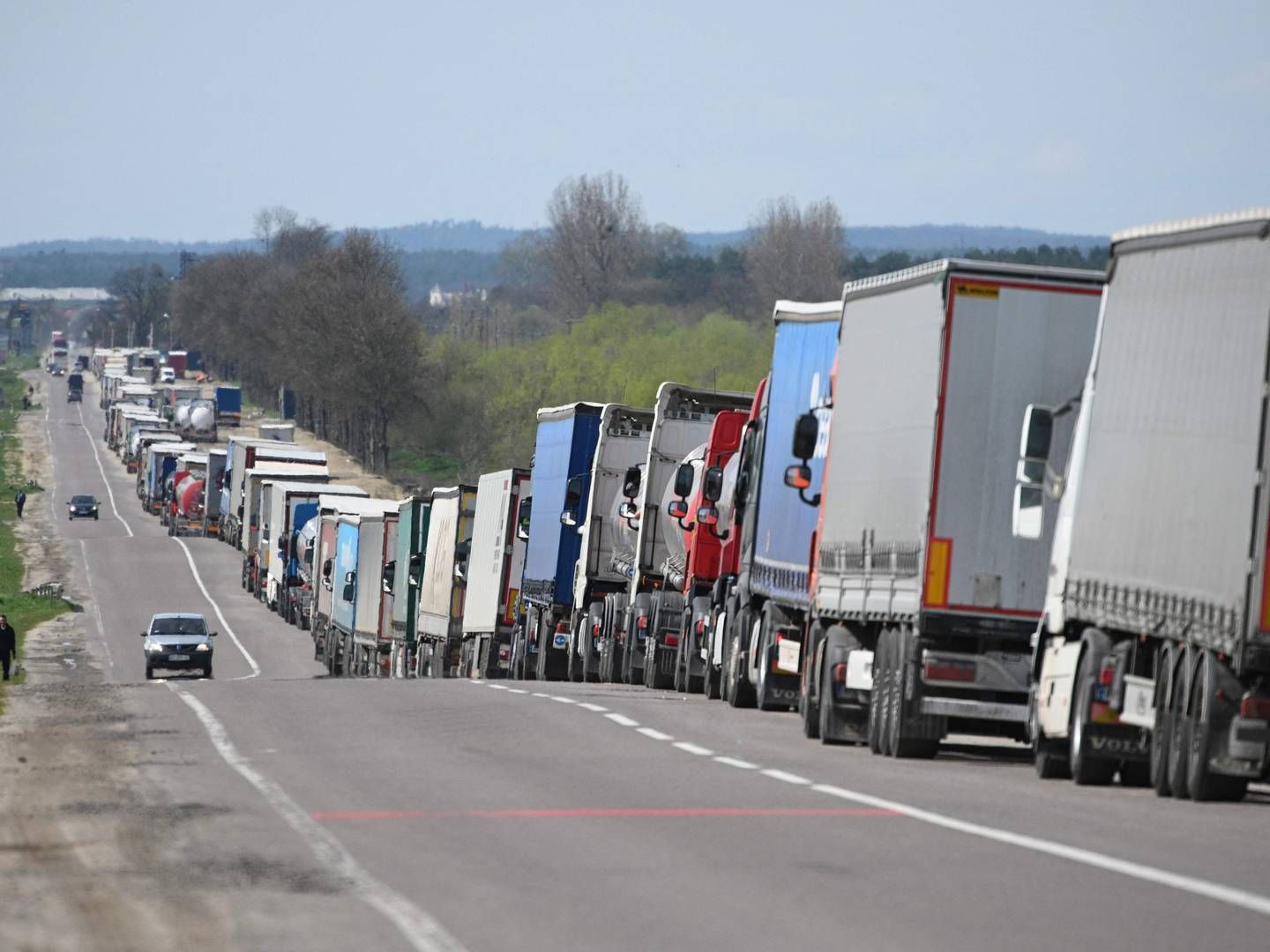 Lastbilschauffører holder i kø ved den polsk-ukrainske grænse kort tid efter, at den polske regering har sat en stopper for importen af ukrainske fødevarer. Arkivfoto. | Foto: Yuriy Dyachyshyn