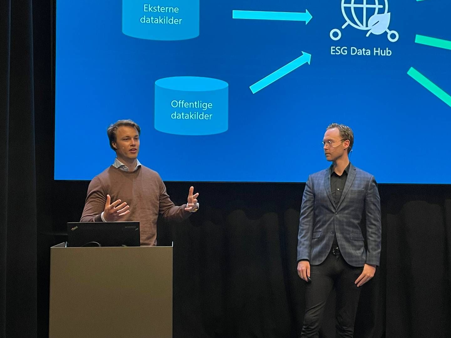 SKYBASERT DATA HUB: DNB har utviklet en ESG Data Hub, en skybasert plattform for alle bankens ESG-data, forteller Dag Sandvand (t.v) og Mats Thunestvedt Hove i DNB. | Foto: Synnøve Prytz Berset