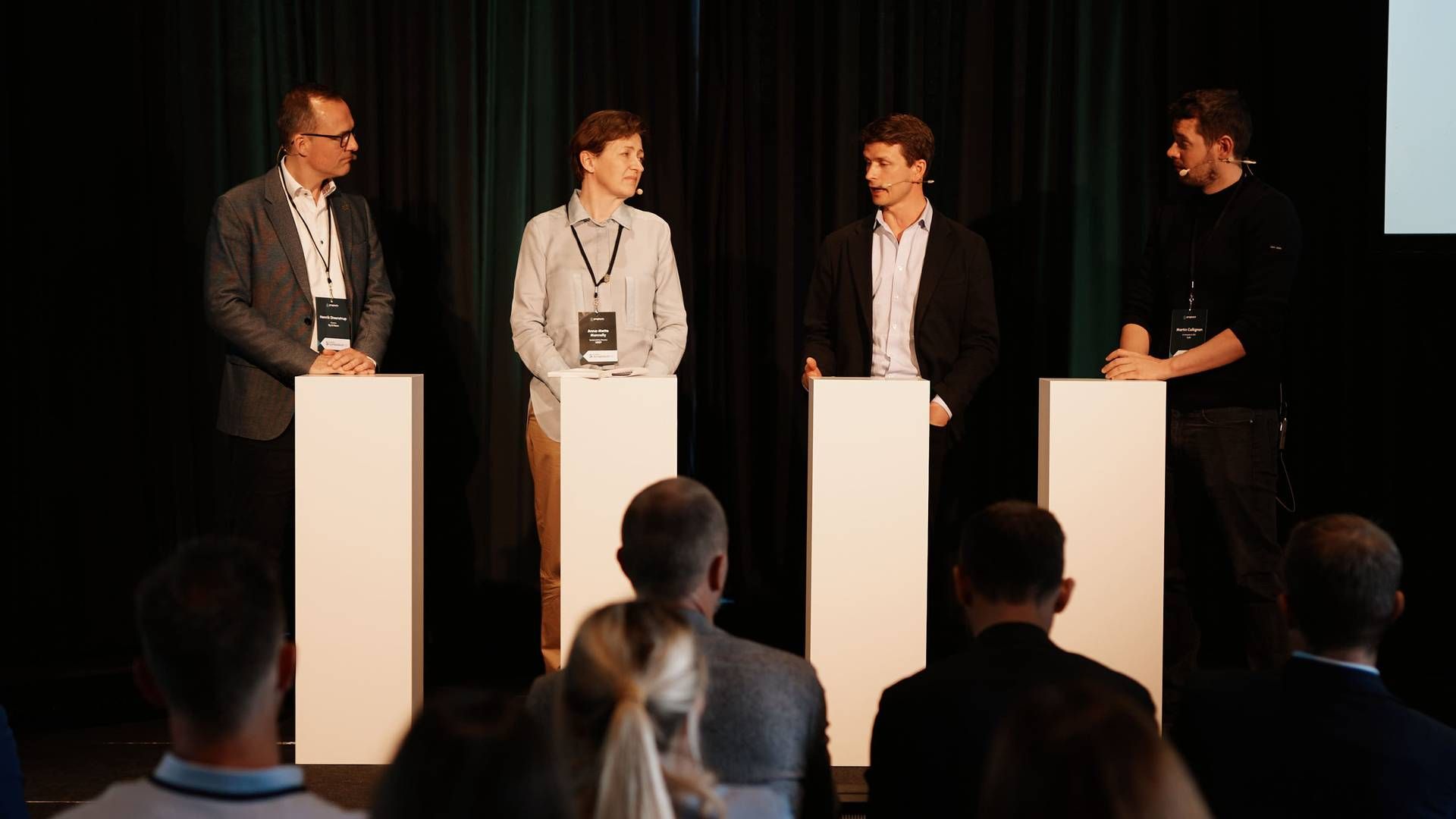 A panel discussion at PropTech Symposium on Monday focused on ESG. From the left side: Henrik Steenstrup from CPH City and Port Development, Anna-Mette Monnelly from NREP, Draniel Kraft from Stronghold Invest, and moderator Martin Collignon. | Photo: PR / Proptech Denmark / Rune Svenningsen