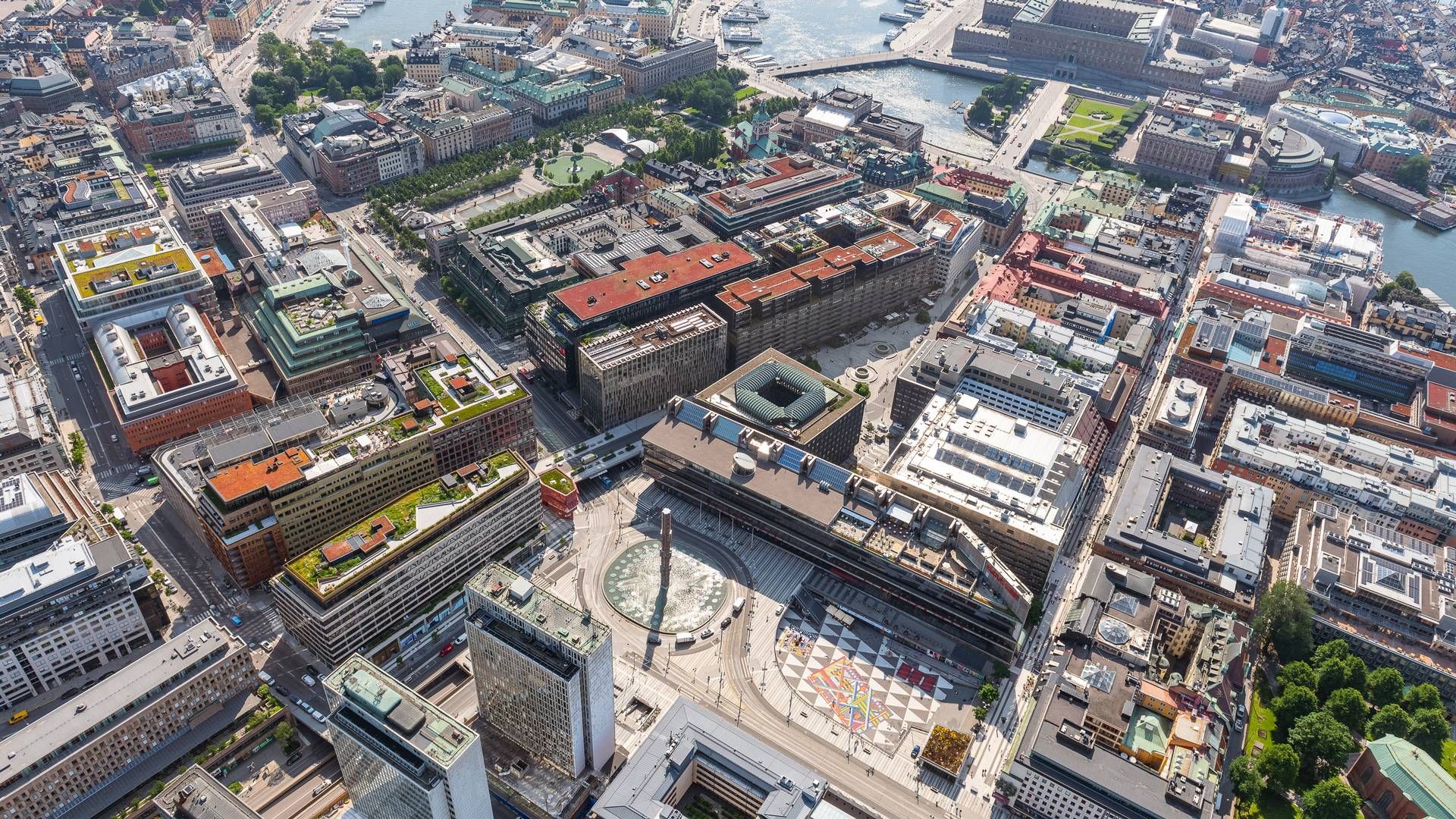 A helicopter view of the Urban Escape city block in downtown Stockholm, which will become the starting point for AP7's direct real estate investments. | Photo: Amf Fastigheter / Pr